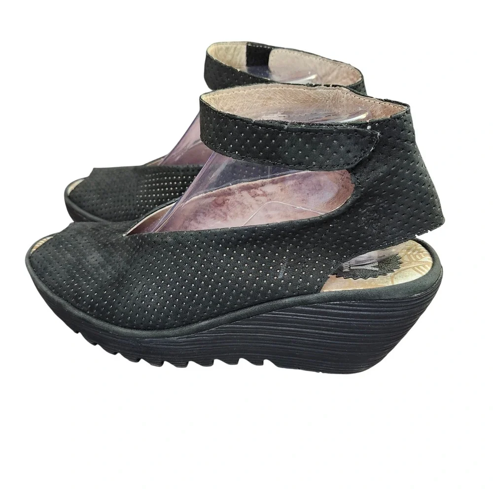 Fly London Yala Black Perforated Nubuck Leather Wedge Sandals Peep Toe 41